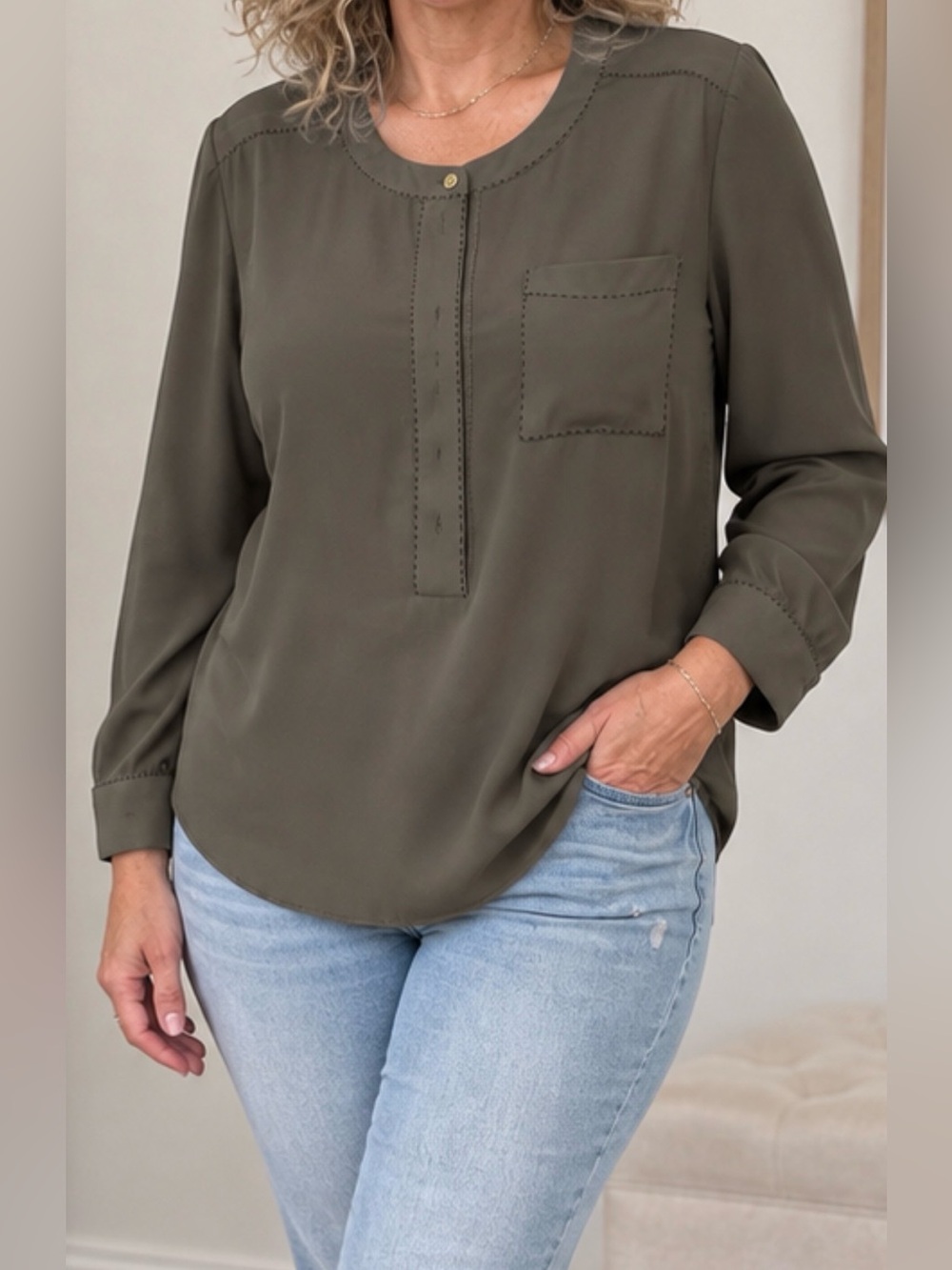Lane Bryant Olive Green Long-Sleeve Henley Blouse